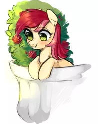 Size: 1029x1308 | Tagged: safe, artist:catzino, derpibooru import, roseluck, earth pony, pony, balcony, cute, female, flower, mare, rose, rose bush, simple background, smiling, white background