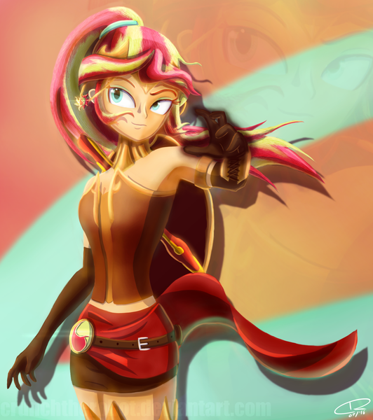 Size: 1331x1500 | Tagged: safe, artist:crunchtherobot, derpibooru import, sunset shimmer, human, equestria girls, armpits, belt, clothes, jewelry, midriff, miniskirt, ponytail, pyrrha nikos, rwby, skirt, socks, thigh boots, thigh highs, zettai ryouiki