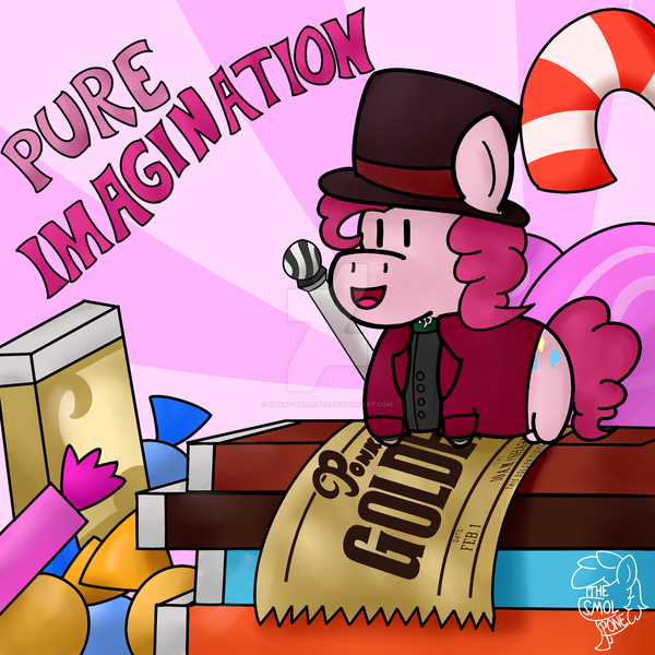 Size: 1280x1280 | Tagged: artist:heartpallete, artist:heart-pallette, candy, charlie and the chocolate factory, chocolate, crossover, derpibooru import, food, golden ticket, pinkie pie, safe, smolpone, solo, willy wonka