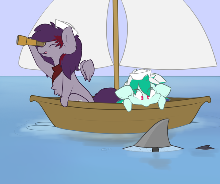 Size: 1280x1069 | Tagged: safe, artist:nom-sympony, derpibooru import, oc, oc:pepci, oc:pepper dust, oc:spearmint, unofficial characters only, shark, boat, tongue out