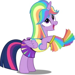 Size: 4958x5000 | Tagged: safe, artist:dashiesparkle, derpibooru import, twilight sparkle, twilight sparkle (alicorn), alicorn, pony, rainbow falls, .svg available, absurd resolution, cheering, cheerleader, cheerleader sparkle, clothes, cute, female, folded wings, full body, looking up, mare, open mouth, pom pom, ponyscape, rainbow wig, rearing, simple background, skirt, smiling, solo, transparent background, vector