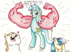 Size: 3395x2458 | Tagged: anchor arms, artist:suzie-chan, bon bon, bon bon is not amused, bulk biceps, derpibooru import, lyra heartstrings, musclebob buffpants, muscles, parody, roid rage, safe, spongebob squarepants, sweetie drops