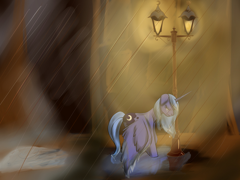 Size: 3072x2304 | Tagged: artist:weird--fish, crying, derpibooru import, princess luna, rain, s1 luna, sad, safe, solo, streetlight, wet mane