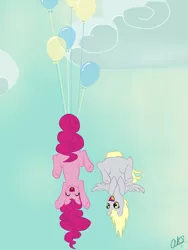 Size: 1500x2000 | Tagged: safe, artist:starfox365, derpibooru import, derpy hooves, pinkie pie, pegasus, pony, balloon, featureless crotch, female, hung upside down, mare, then watch her balloons lift her up to the sky, upside down