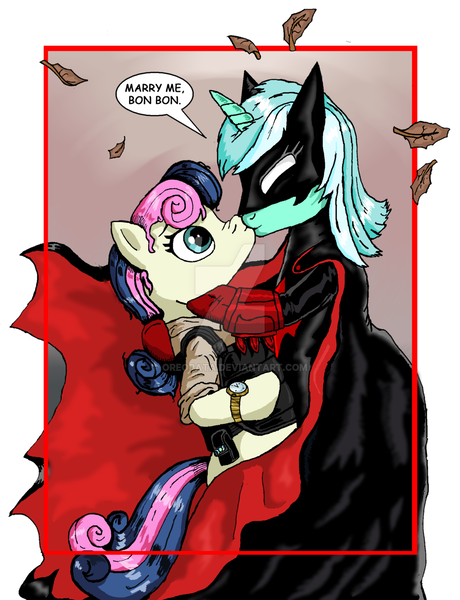 Size: 1024x1336 | Tagged: safe, artist:leomitchell, artist:oreopata, derpibooru import, bon bon, lyra heartstrings, sweetie drops, pony, batman, batwoman, crossover, female, lesbian, lyrabon, maggie sawyer, mare, parody, shipping