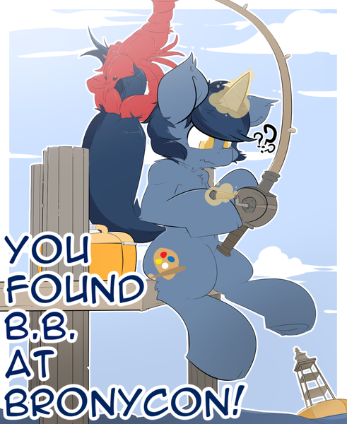 Size: 1280x1564 | Tagged: safe, artist:bbsartboutique, derpibooru import, oc, oc:b.b., unofficial characters only, lobster, pony, unicorn, art print, fishing, fishing rod, male, pier, stallion