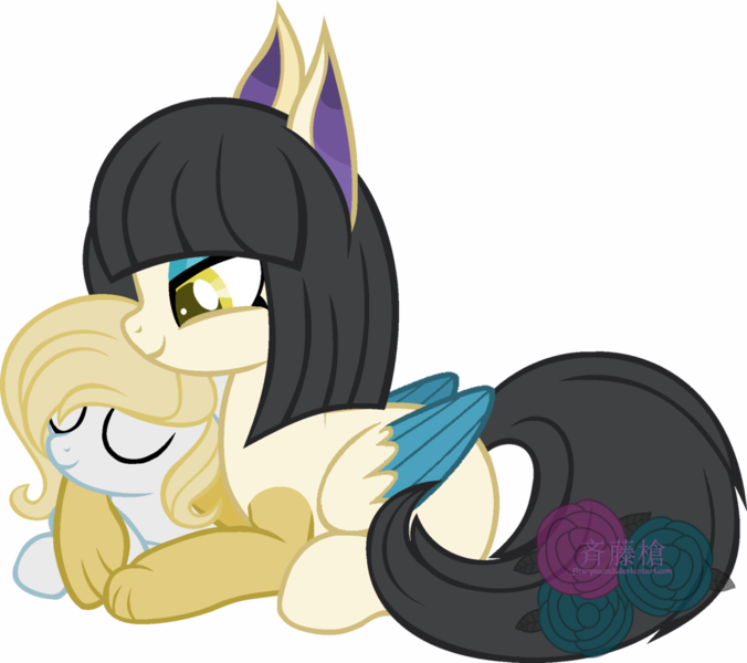 Size: 1024x909 | Tagged: safe, artist:t-aroutachiikun, derpibooru import, oc, oc:princess hathor, oc:skycloud, unofficial characters only, hybrid, pegasus, pony, colt, eyes closed, female, interspecies offspring, male, mare, offspring, parent:bulk biceps, parent:discord, parent:fluttershy, parent:princess celestia, parents:dislestia, parents:flutterbulk, prone, simple background, transparent background