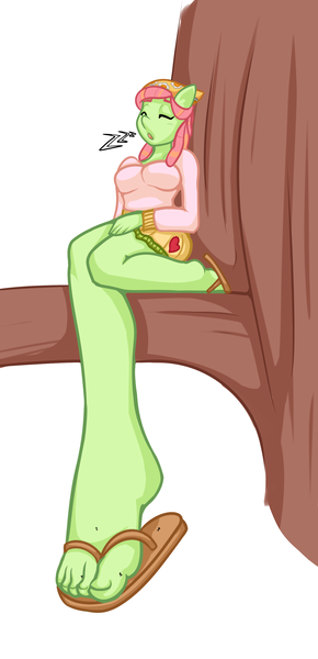 Size: 1432x2965 | Tagged: anthro, artist:jj-psychotic, breasts, busty tree hugger, commission, derpibooru import, eyes closed, feet, female, flip-flops, foot fetish, giantess, macro, micro, perspective, plantigrade anthro, sandals, sleeping, solo, solo female, suggestive, toes, tree, tree hugger, unaware, zzz