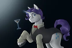 Size: 3000x2014 | Tagged: safe, artist:anadukune, derpibooru import, rarity, alcohol, bowtie, clothes, elusive, glass, magic, martini, raised hoof, rule 63, shirt, solo, telekinesis, unshorn fetlocks, vest