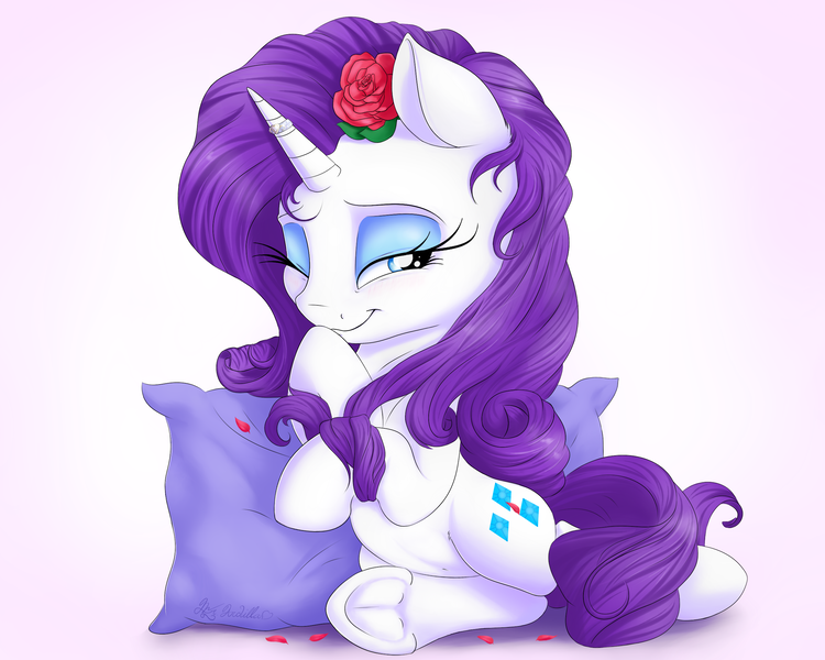 Size: 2500x2000 | Tagged: safe, artist:nobody47, derpibooru import, rarity, pony, unicorn, belly button, cute, female, flower, flower in hair, frog (hoof), mare, one eye closed, pillow, raised hoof, raribetes, ring, rose, smiling, solo, underhoof