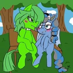 Size: 2500x2500 | Tagged: safe, artist:pandaamanda11, derpibooru import, oc, oc:dark script, oc:lime tendril, unofficial characters only, bat pony, pony, bench, blushing, couple, cute, female, glasses, headband, jewelry, male, necklace, oc x oc, park, park bench, shipping, straight, tree