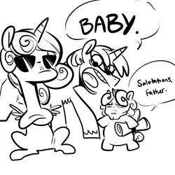 Size: 1000x1000 | Tagged: artist:glacierclear, black and white, deal with it, derpibooru import, dialogue, grayscale, monochrome, princess bitchdance, princess cadance, princess cromartie heart, princess flurry heart, safe, shining armor, shining armor is a goddamn moron, sunglasses, wat