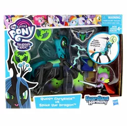 Size: 1500x1500 | Tagged: safe, derpibooru import, official, queen chrysalis, spike, changeling, changeling queen, dragon, baby, baby dragon, badass, badass adorable, cute, cutealis, duo, female, guardians of harmony, irl, male, photo, spikabetes, sword, toy, weapon