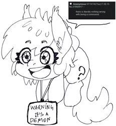 Size: 869x940 | Tagged: safe, artist:lockhe4rt, derpibooru import, oc, oc:anon, oc:anonfilly, unofficial characters only, 4chan, black and white, communism is magic, ear fluff, female, filly, grayscale, /mlp/, monochrome, solo, speech bubble