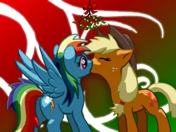 Size: 1600x1200 | Tagged: safe, artist:oddwarg, derpibooru import, applejack, rainbow dash, pony, appledash, female, kissing, lesbian, mare, mistletoe, shipping