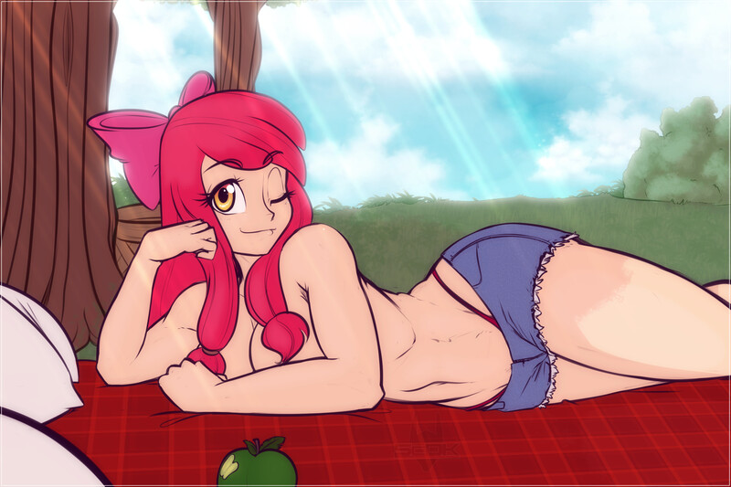 Size: 2984x1988 | Tagged: apple, apple bloom, artist:scorpdk, bedroom eyes, belly button, booty shorts, bow, breasts, busty apple bloom, casual nudity, clothes, covering, crepuscular rays, daisy dukes, denim shorts, derpibooru import, female, food, hair bow, human, humanized, jeans, looking at you, nudity, older, older apple bloom, one eye closed, orange eyes, outdoors, panties, pants, questionable, red hair, sexy, shorts, side, smiling, solo, solo female, stupid sexy apple bloom, sultry pose, sunny day, teenager, thighs, thong, topless, tree, underwear, wink, winking at you