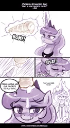 Size: 755x1390 | Tagged: suggestive, artist:lumineko, derpibooru import, princess celestia, princess luna, angry, bedroom eyes, blushing, comic, cream horn, dialogue, dreamluna, eyes closed, food, glare, levitation, licking, licking lips, looking at you, magic, monochrome, open mouth, patreon, royal we, sitting, smiling, speech bubble, telekinesis, tongue out