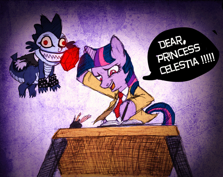 Size: 2124x1689 | Tagged: semi-grimdark, artist:redblacktac, derpibooru import, spike, twilight sparkle, pony, all according to keikaku, clothes, crossover, death note, desk, dexterous hooves, dialogue, evil grin, gem, hoof hold, letter, light yagami, necktie, parody, pencil, shinigami, shirt, speech bubble, spikigami, this will end in death, this will end in death note, this will end in tears and/or death, twilight yagami, writing