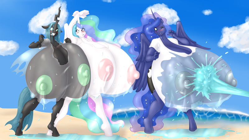 Size: 2130x1200 | Tagged: questionable, artist:blues64, artist:marauder6272, color edit, derpibooru import, edit, princess celestia, princess luna, queen chrysalis, anthro, unguligrade anthro, angry, beach, big breasts, blushing, breasts, busty princess celestia, busty princess luna, busty queen chrysalis, clothes, colored, female, females only, gritted teeth, huge breasts, hyper breasts, impossibly large breasts, nipples, nudity, one eye closed, puddle, see-through, shirt, story in the source, water, wet, wet t-shirt, wet t-shirt contest