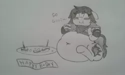 Size: 2560x1536 | Tagged: artist:chromchill12, belly, belly button, birthday, cake, chubby, derpibooru import, fat, female, food, monochrome, oc, oc:flamespitter, safe, solo, stuffing, traditional art, unofficial characters only