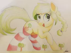 Size: 1280x960 | Tagged: safe, artist:ncmares, derpibooru import, oc, oc:sequoia, unofficial characters only, pony, clothes, cute, giant pony, macro, open mouth, raised hoof, rumbling, shaking, signature, socks, solo, striped socks, traditional art, tree