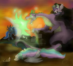 Size: 1024x933 | Tagged: semi-grimdark, artist:stormdrake0100, derpibooru import, king sombra, princess celestia, princess luna, twilight sparkle, twilight sparkle (alicorn), alicorn, pony, umbrum, betrayal, corrupted, sombra eyes, this will end in tears, twilight is anakin, watermark