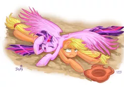 Size: 1116x786 | Tagged: safe, artist:jowybean, derpibooru import, applejack, twilight sparkle, twilight sparkle (alicorn), alicorn, earth pony, pony, twijack weekly, annoyed, crash, crash landing, crashlight, female, lesbian, mare, pain, prone, shipping, spread wings, twijack, wings