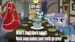 Size: 1500x844 | Tagged: cloudy quartz, crossover, derpibooru import, discovery family logo, don't hug me i'm scared, edit, edited screencap, food, frown, hearthbreakers, igneous rock pie, image macro, limestone pie, marble pie, maud pie, meme, pie family, pie sisters, quartzrock, rock soup, safe, screencap, siblings, sisters, smiling, soup
