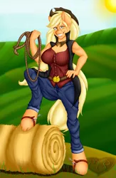 Size: 835x1280 | Tagged: anthro, applejack, artist:manestreamstudios, big breasts, breasts, busty applejack, clothes, derpibooru import, female, grin, hay bale, jeans, lasso, looking at you, pants, safe, shirt, smiling, solo, spurs, unguligrade anthro
