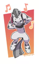 Size: 800x1319 | Tagged: safe, artist:crikeydave, derpibooru import, oc, oc:mcmiag, unofficial characters only, zebra, bipedal, dancing, eyes closed, happy, headphones, image, music, music notes, png, simple background, smiling, solo