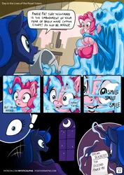 Size: 1447x2047 | Tagged: safe, artist:mysticalpha, derpibooru import, pinkie pie, princess luna, alicorn, earth pony, pony, comic:day in the lives of the royal sisters, blacklist, catapult nightmare, comic, cotton candy, crown, dialogue, dream, dream walker luna, female, food, horseshoes, jewelry, mare, monster, night, nightmare, peytral, regalia, scroll, speech bubble, wide eyes, writing