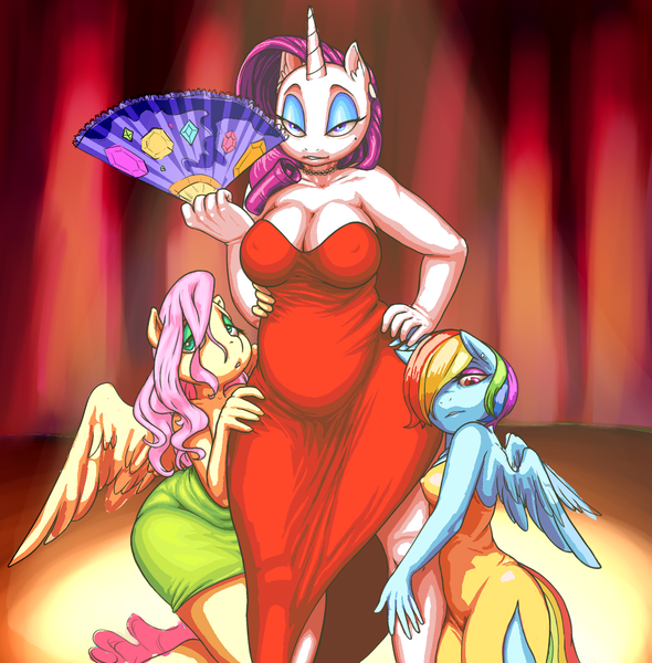 Size: 1280x1301 | Tagged: anthro, artist:glacierclear edits, artist:huebris, belly, big belly, big breasts, breasts, busty rarity, cleavage, clothes, derpibooru import, dress, edit, female, females only, fluttershy, jessica rabbit, makeup, paper fan, plump, rainbow dash, rarity, red dress, suggestive