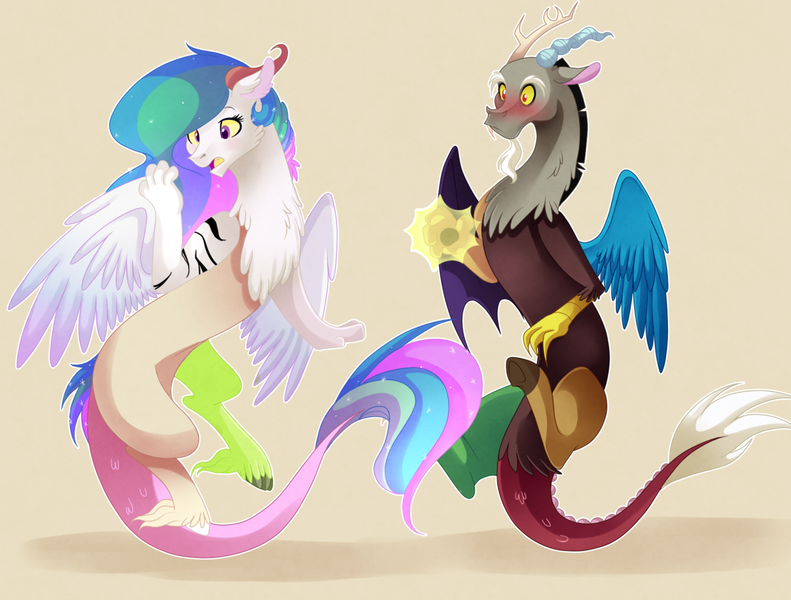 Size: 1280x971 | Tagged: safe, artist:hikariviny, derpibooru import, discord, princess celestia, draconequus, celestequus, dislestia, draconequified, female, male, shipping, species swap, story included, straight