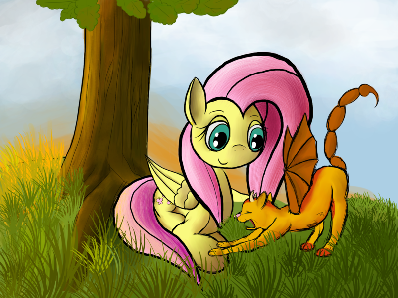 Size: 2000x1500 | Tagged: safe, artist:minosua, derpibooru import, fluttershy, manticore, pegasus, pony, colored sketch, cute, duo, female, kitten, manticore kitten, mare, sunset, tree, yawn