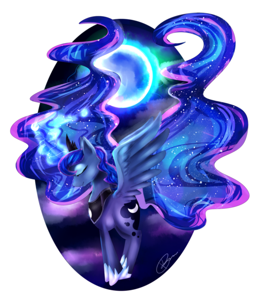 Size: 1024x1188 | Tagged: artist:konnyart, derpibooru import, eyes closed, flying, magic, moon, princess luna, safe, solo