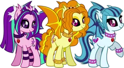 Size: 5592x3075 | Tagged: safe, artist:osipush, derpibooru import, adagio dazzle, aria blaze, sonata dusk, ponified, equestria girls, absurd resolution, alternate universe, black sclera, bracelet, choker, equestria girls ponified, gem, heroes of might and magic, jewelry, pendant, ponies of flight and magic, raised hoof, siren gem, smiling, spiked choker, spiked wristband, the dazzlings, trio