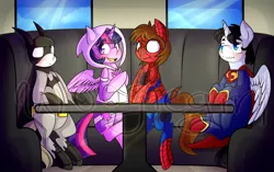 Size: 2550x1600 | Tagged: safe, artist:woogiegirl, derpibooru import, twilight sparkle, twilight sparkle (alicorn), ponified, alicorn, pony, amethyst sorceress, batman, cafe, clothes, costume, crossover, how it should have ended, spider-man, super café, superhero, superman, watermark