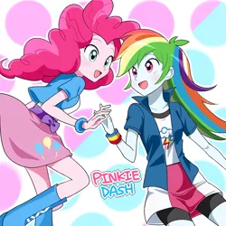 Size: 2000x2000 | Tagged: safe, artist:ryuu, derpibooru import, pinkie pie, rainbow dash, equestria girls, balloon, boots, bracelet, clothes, female, high heel boots, jewelry, lesbian, pinkiedash, raised leg, shipping, skirt, wristband