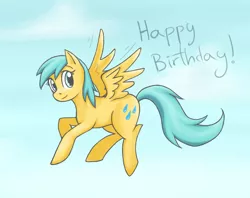 Size: 952x755 | Tagged: safe, artist:shiaran, derpibooru import, sunshower raindrops, pegasus, pony, birthday, cloud, flying, solo