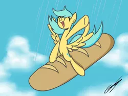 Size: 1400x1050 | Tagged: artist:gearholder, baguette, bread, derpibooru import, dr. strangelove, eyes closed, falling, food, happy, open mouth, raindropsanswers, riding, safe, smiling, solo, spread wings, sunshower raindrops, wat, wtf
