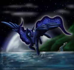 Size: 1600x1500 | Tagged: safe, artist:wolfangkun, derpibooru import, princess luna, flying, moon, night, solo, stars, water