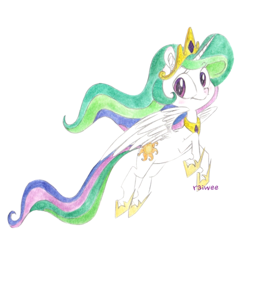 Size: 1778x2013 | Tagged: safe, artist:raiwee, derpibooru import, princess celestia, pony, female, flying, mare, simple background, solo, traditional art, transparent background