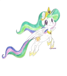 Size: 1778x2013 | Tagged: safe, artist:raiwee, derpibooru import, princess celestia, pony, female, flying, mare, simple background, solo, traditional art, transparent background