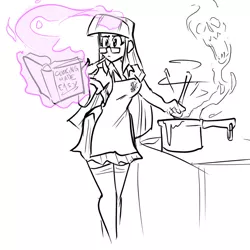 Size: 900x900 | Tagged: apron, artist:jonfreeman, clothes, cookbook, cooking, derpibooru import, giving up the ghost, glasses, human, humanized, levitation, magic, safe, sketch, skull, solo, telekinesis, this will end in tears and/or breakfast, twilight sparkle