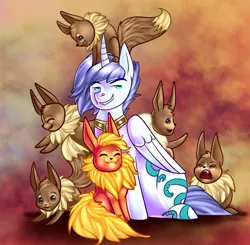 Size: 1034x1015 | Tagged: safe, artist:theneithervoid, derpibooru import, oc, oc:netori, alicorn, eevee, flareon, pony, :3, :d, abstract background, alicorn oc, curved horn, cute, d:, eyes closed, fangs, funny, grin, lidded eyes, looking at you, looking up, male, open mouth, pokémon, sitting, smiling, smirk, smug, stallion