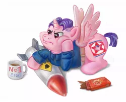 Size: 1266x1027 | Tagged: artist:arimovergremrider, chubby, chubby cheeks, derpibooru import, fake wings, food, kim jong-un, mug, nuclear weapon, pocky, politics, ponified, safe, solo, weapon