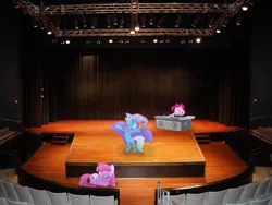 Size: 1040x780 | Tagged: safe, artist:afroninja617, derpibooru import, berry punch, berryshine, pinkie pie, trixie, pony, unicorn, bipedal, female, irl, lighting, mare, photo, ponies in real life, rehearsal, sleeping, stage, turntable, vector