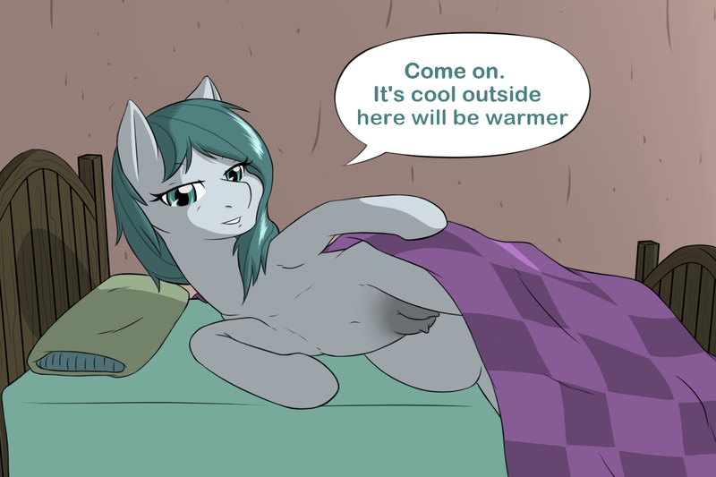 Size: 1200x800 | Tagged: alternate hairstyle, artist:sewlde, bed, bedroom eyes, belly button, cloudy quartz, crotchboobs, derpibooru import, dialogue, female, milf, missing accessory, nipples, nudity, pillow, questionable, smiling, solo, solo female, speech bubble, stupid sexy cloudy quartz