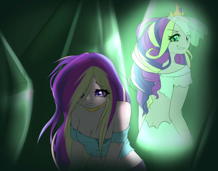 Size: 1400x1100 | Tagged: a canterlot wedding, artist:akimi--chan, bare shoulders, changeling, clothes, crying, derpibooru import, disguise, disguised changeling, dress, evil grin, eye clipping through hair, fake cadance, female, green eyes, grin, hair over one eye, human, humanized, looking back, midriff, off shoulder, princess cadance, queen chrysalis, safe, scene interpretation, smiling, solo, this day aria, torn clothes, wedding dress