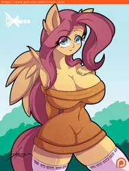 Size: 900x1200 | Tagged: artist:d-xross, bad anatomy, big breasts, breasts, busty fluttershy, cleavage, clothes, curvy, derpibooru import, dress, eared humanization, female, fluttershy, hourglass figure, human, human facial structure, humanized, impossibly thin waist, minidress, patreon, patreon logo, socks, solo, solo female, suggestive, tail, tailed humanization, thigh highs, vacuum sealed clothing, winged humanization, wings, zettai ryouiki